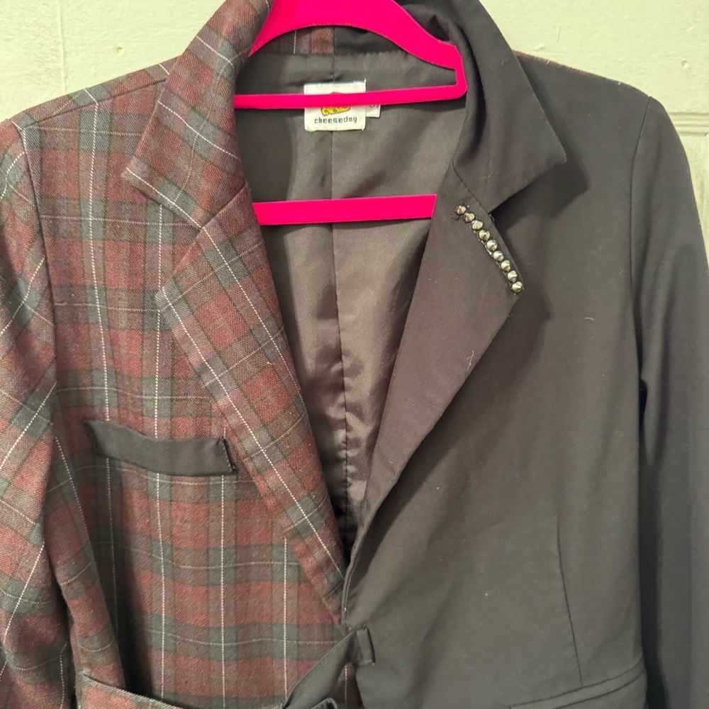Chesca Plaid and Solid Blazer with Embellished Lapel